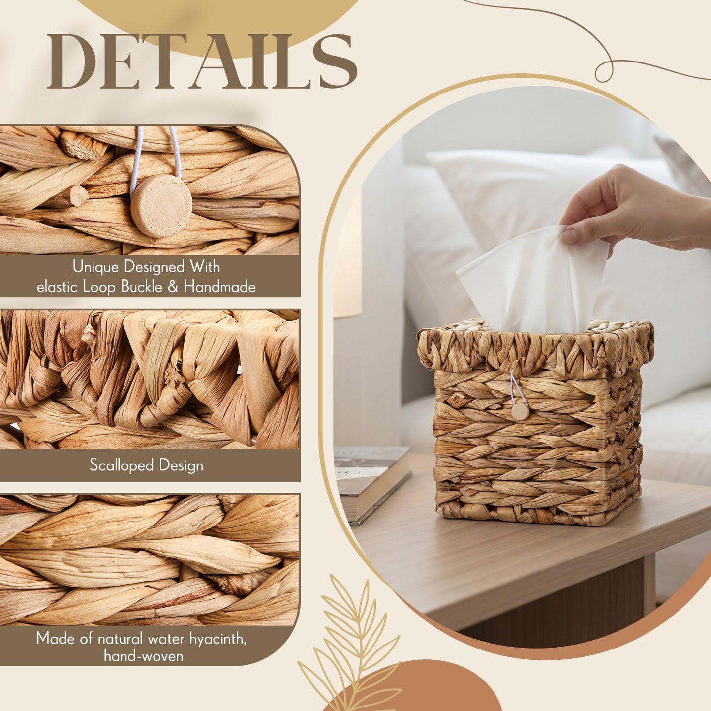 BrightRow Wicker Tissue Box Cover with Scalloped Lid 6 x 6 x 6 Inch Square Rattan Tissue Box Holder with Turn Over Top for Facial Napkins Boho Decorative Boxes on Table and Bathroom