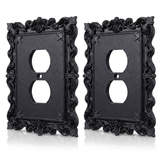 BrightRow 2 Pcs Gothic Light Switch Cover Black Outlet Covers Wall Plate Victorian Vintage Home Decor 3D Printing Baroque Rococo Design Plug Plate Electric Wall Art (Duplex Outlet 2)