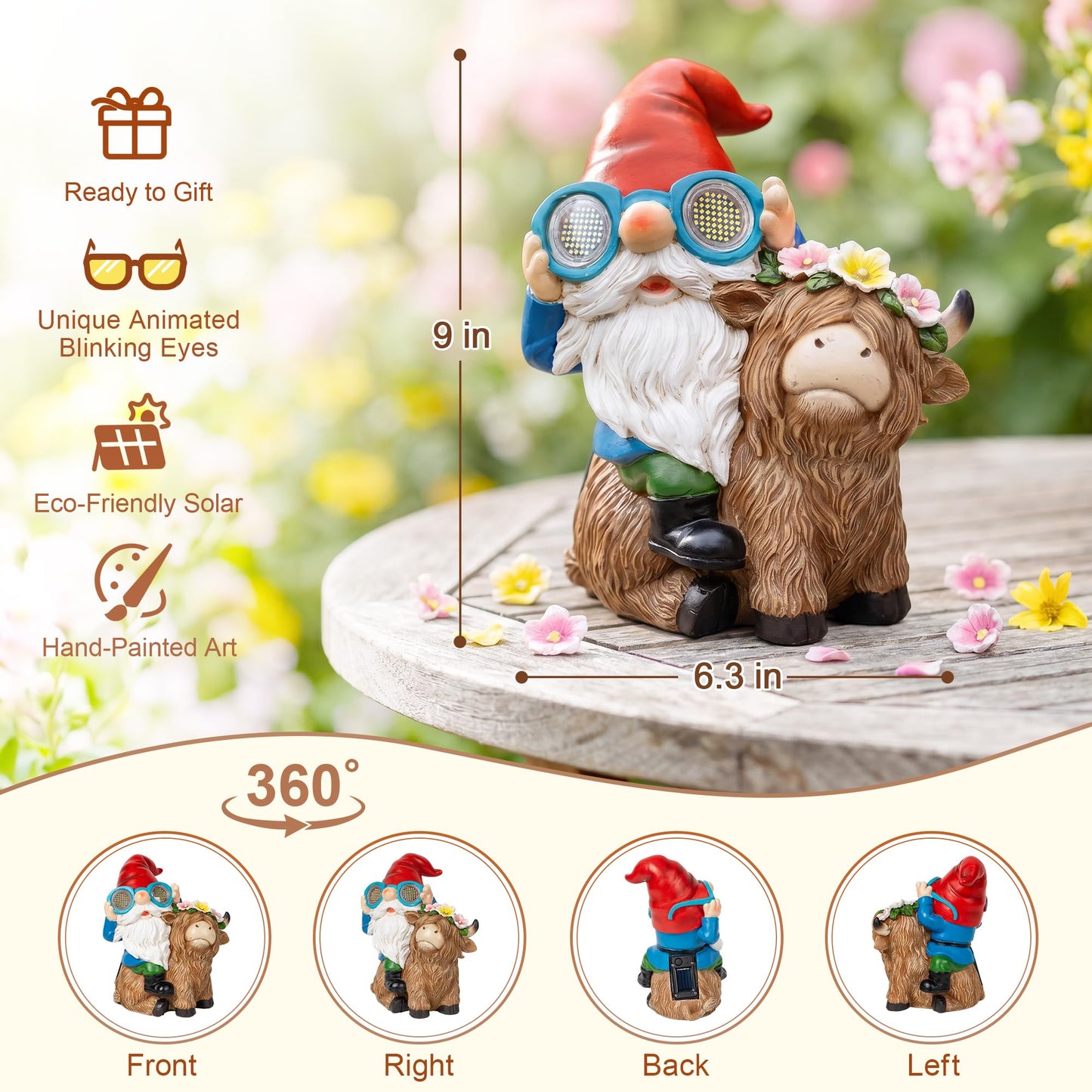 C&Y&G&X Solar Garden Gnome Statue with Highland Cow, Outdoor Solar Garden Decor with LED Lights, Waterproof Resin Yard Art Lawn Ornament for Patio Yard Porch, Gifts for Women Garden Lovers
