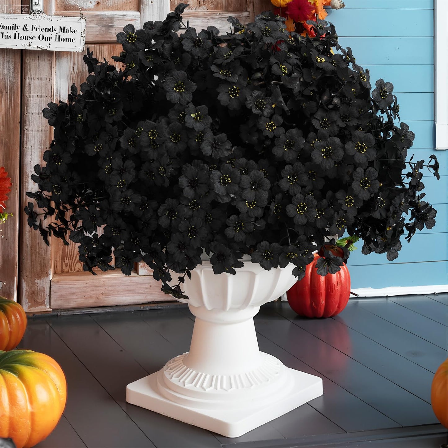 Giegxin 24 Bundles Halloween Artificial Flowers Outdoor Black Eucalyptus UV Resistant Outdoors Fake Plants Faux Plastic Flower for Hanging Planters Outside Porch Vase Home Window