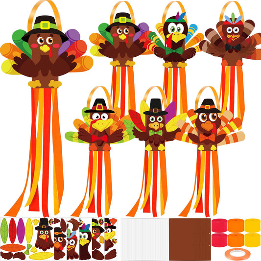 Cinrobiye 24 Set Turkey Windchime Craft Thanksgiving Windsock Kits DIY Wind Chime Flags Fall Hanging Ornament Wind Socks Farmhouse Yard Garden Patio Lawn Decor for Home School Activities Supplies