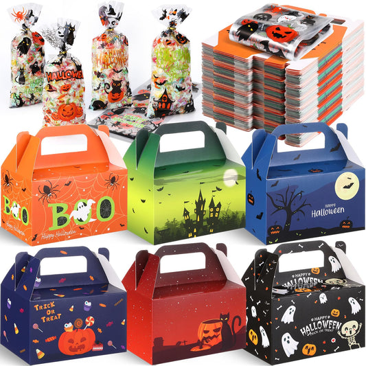 ReliThick 80 Pack Halloween Treat Box with Cellophane Bags Trick or Treat Goodie Cookie Candy Boxes for Treats Ghost Halloween Bag for Party