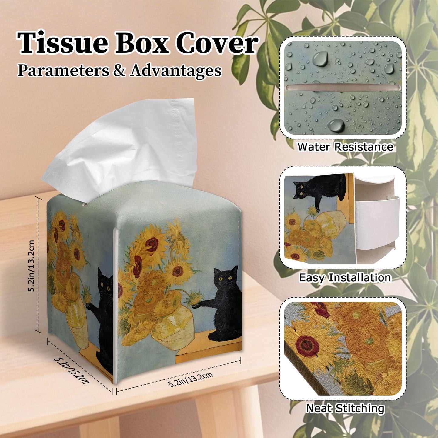 RWWNONW Vintage Black Cat Sunflowers Tissue Box Cover Square