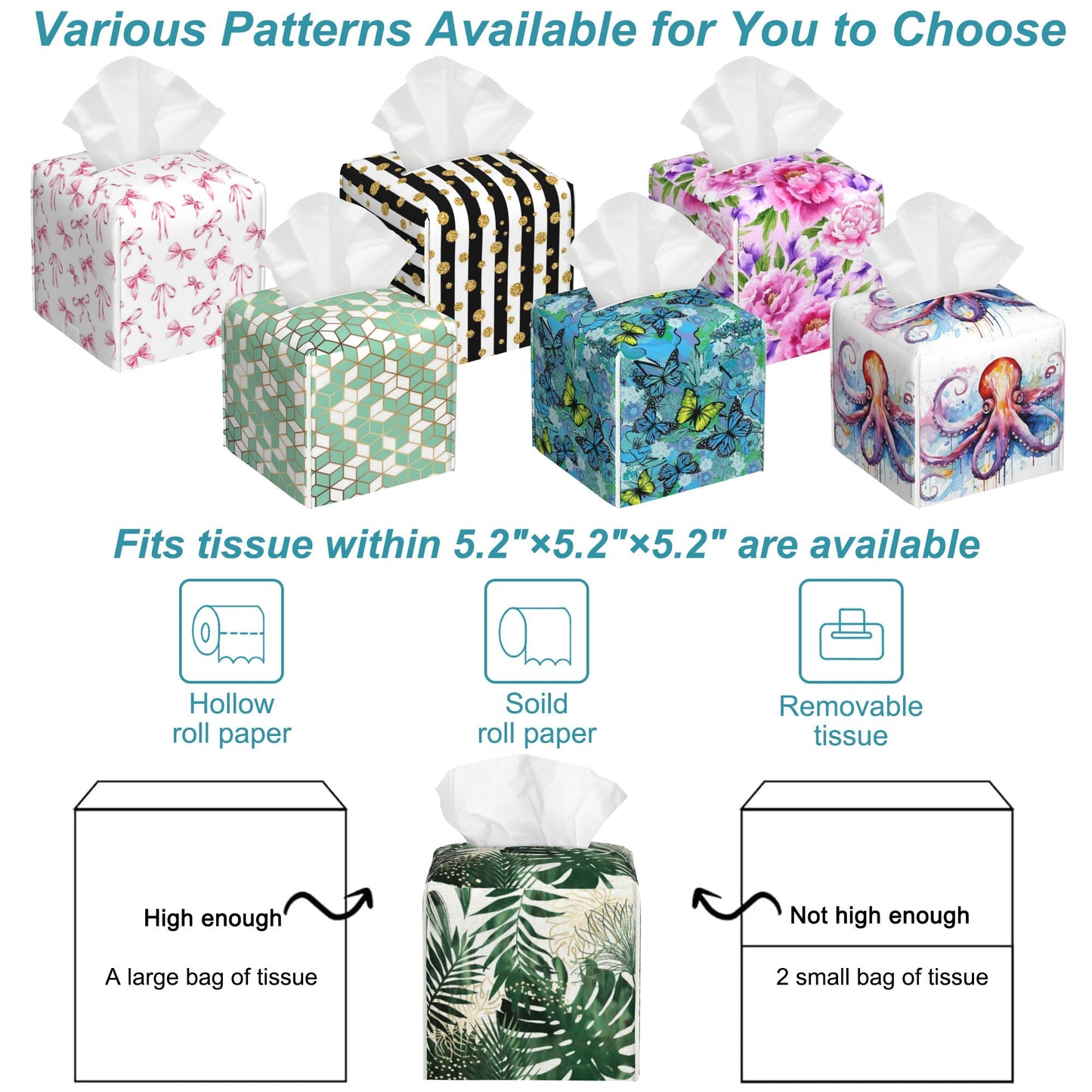 Exotic Palm Leaves Tissue Box Cover,Tissue Box Holder Square with Bottom Belt,Waterproof Leather Organizer Portable Decorative Facial Paper for Bedroom Night Stand Office Desk,5.2" x 5.2" x 5.2"