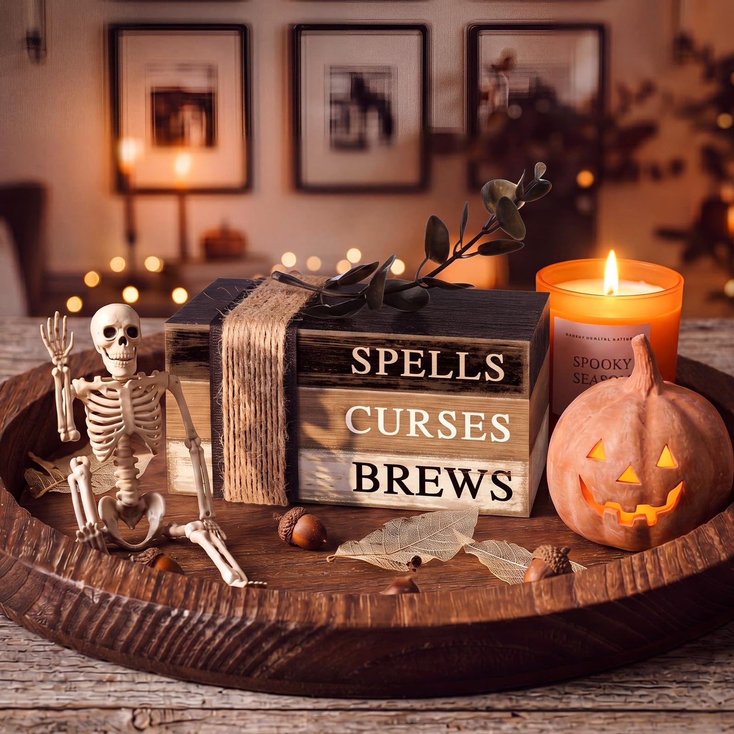 4 Pcs Halloween Table Decorations Halloween Tiered Tray Decorations Rustic Mini Eucalyptus Leaf Coffee Wooden Faux Books Stacks Centerpiece Signs for Farmhouse Office Shelf Tabletop Office Bookshelf