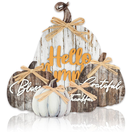 JarThenaAMCS 5 Pcs Hello Pumpkin Fall Decor Blessed Grateful Thankful Thanksgiving Decor Farmhouse Wood Pumpkin Table Centerpieces Autumn Desktop Decorations for Harvest Home Kitchen Decorations