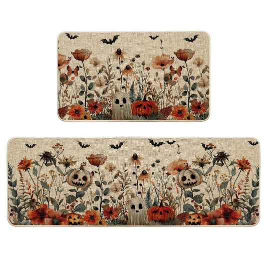 Artoid Mode Ghost Jack-O'-Lantern Pumpkin Flowers Halloween Kitchen Mats Set of 2, Low-Profile Home Decor Kitchen Rugs for Floor - 17x29 and 17x47 Inch