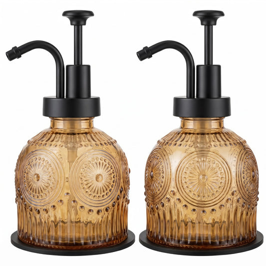 Vintage Glass Soap Dispenser 2 Pack for Bathroom Kitchen, with Black Pump and Non-Slip Mat, Refillable for Hand Soap, Dish Soap, Lotion, Shower Gel, Modern Farmhouse Decor (8 oz, Brown)