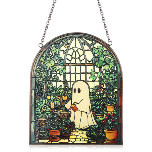 Colingmill Ghost Plant Suncatcher Cute Ghost Greenhouse Suncatcher Ornament Halloween Stained Glass Light Catcher, Halloween Garden Window Family Art Wall Decor, Plant Lovers Gift for Mom