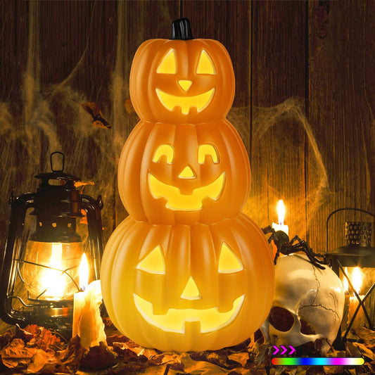 Lanpn 3 Stacked Halloween Pumpkin Lanterns Light Decor, 7 Color Cycle LED Light Jack O Lantern Classic Plastic Vintage Pumpkin for Indoor Outdoor Festival Party Decoration (Black, 16.9"x9")