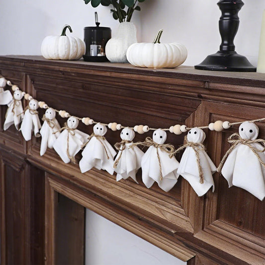 DR.DUDU Halloween Garland Ghost Decor - 4FT Cute Ghost Banner for Indoor Wall, Mantel, Home, Bedroom, Farmhouse, Vintage Spooky Room Decorations for Halloween Party, Fireplace, Porch