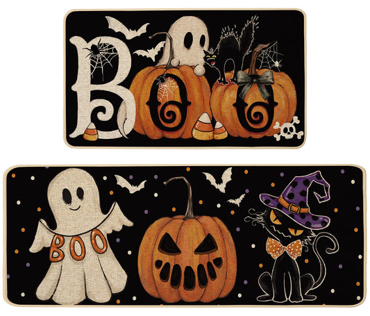 Baccessor Halloween Kitchen Mats Set of 2, Ghost Pumpkin Cat Spider Web Bat Boo Kitchen Rugs for Floor Low-Profile Farmhouse Fall Halloween Party Home Decor 17x29 and 17x47 Inch
