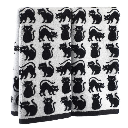 Breling 2 Pcs Cat Hand Towels Black White Cute Kitty Bathroom Towels 100% Cotton Highly Absorbent Soft Kitchen Dish Decorative Gifts for Cat Lovers Halloween Holiday Decorations, 13 x 29 Inch