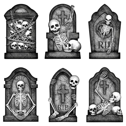 Graveyard Tombstones Halloween Decorations Outdoor: 6pcs Large Scary Gravestone Yard Signs with Stakes, Realistic Skeleton Skull Headstone Halloween Decor Outside for Kid Home Garden Lawn Front Porch