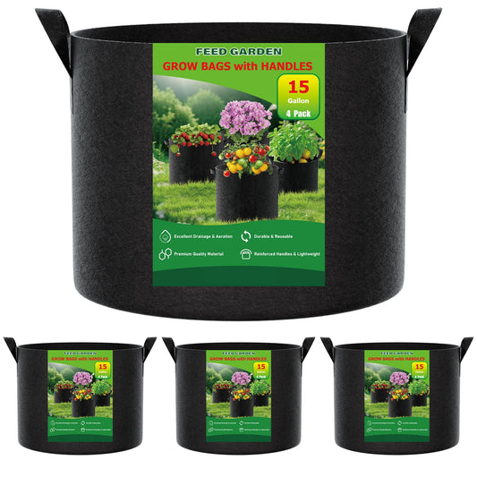 FEED GARDEN 15 Gallon Grow Bags 4 Pack – Heavy Duty 300G Thick Fabric Plant Pots with Reinforced Handles, Breathable Drainage Planters for Tomatoes, Potatoes & Large Vegetables Indoor Outdoor