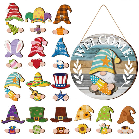 Qunclay Antique Interchangeable Wooden Gnome Decor Holiday Seasonal Gnome Decorations with Magnet Pieces and Detachable Hats Changeable Welcome Sign for Home