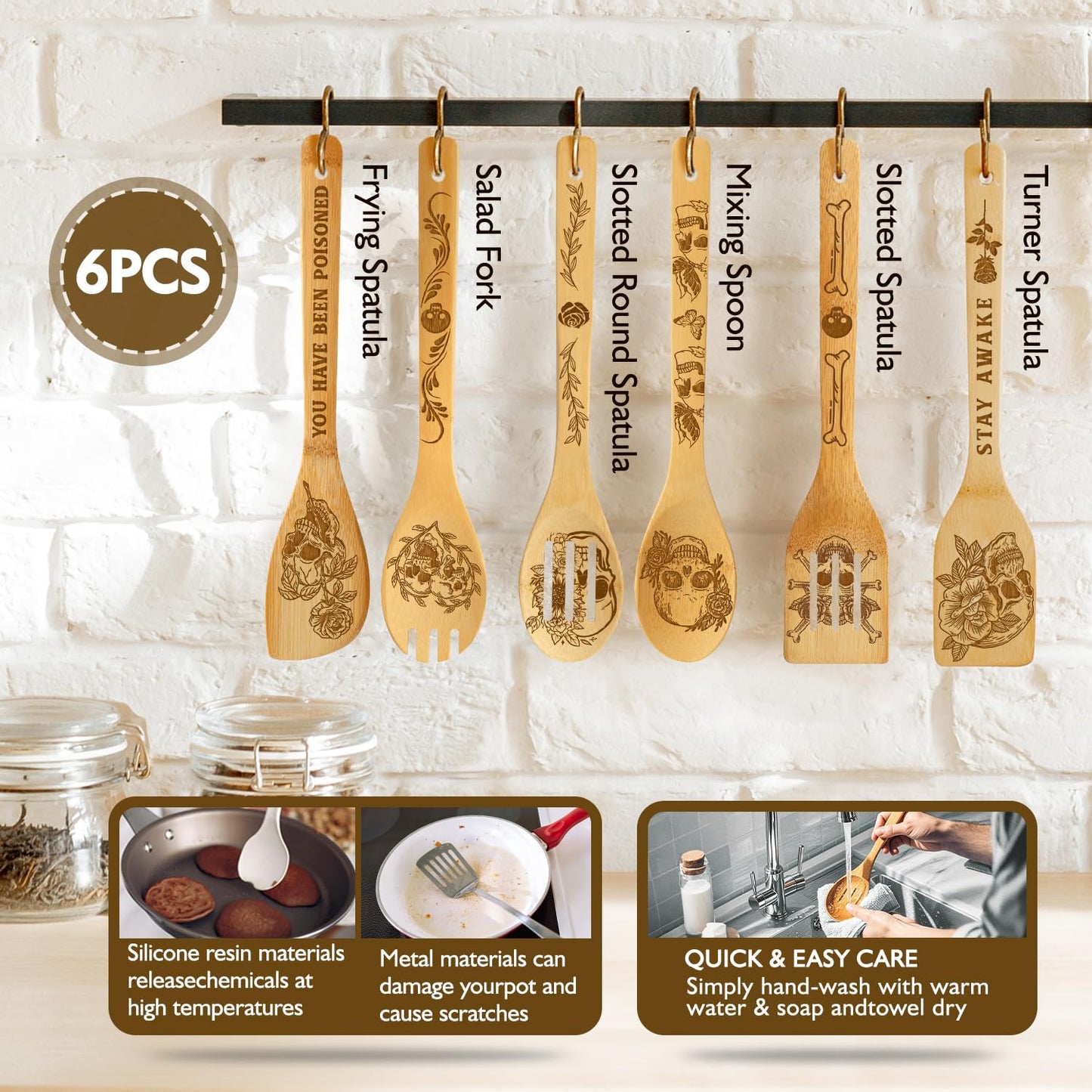 6 Pcs Skull Engraved Bamboo Cooking Utensils Set, Halloween Gifts for Friends, Cool Cooking Spoons Set Gift for Women Men, Birthdays Housewarming Gifts