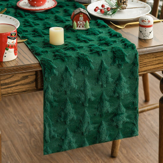 Artoid Mode Christmas Trees Green Soft Plush Faux Fur Jacquard Christmas Table Runner, Holiday Kitchen Dining Table Decoration for Home Party Decor 13x72 Inch