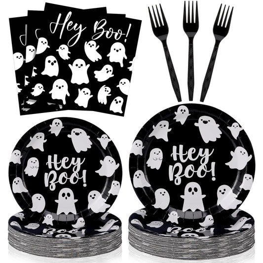 Havawish 122pcs/ 24 Set Halloween Paper Plate and Napkin Hey Boo Tableware Set Include 48 Spooky Black White Ghost Plate 50 Cocktail Napkins 24 Forks for Halloween Birthday Party Decoration, Serve 24