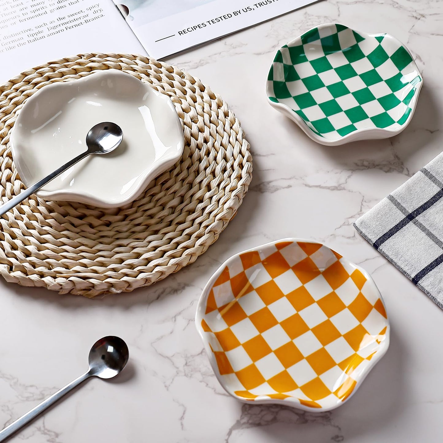 Koythin Ceramic Spoon Rest for Stove Top, Kitchen Counter, Heat-Resistant Utensil Holder, Cute Decorative Checkerboard Spoon Rest Dish for Cooking, Coffee Bar, and Countertop Decor (Orange)