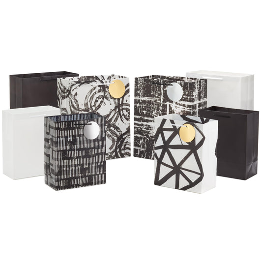 Hallmark Assorted Black and White Gift Bags (8 Bags: 4 Medium 9", 4 Large 13") for Valentine's Day, Weddings, Graduations, Retirements, Halloween