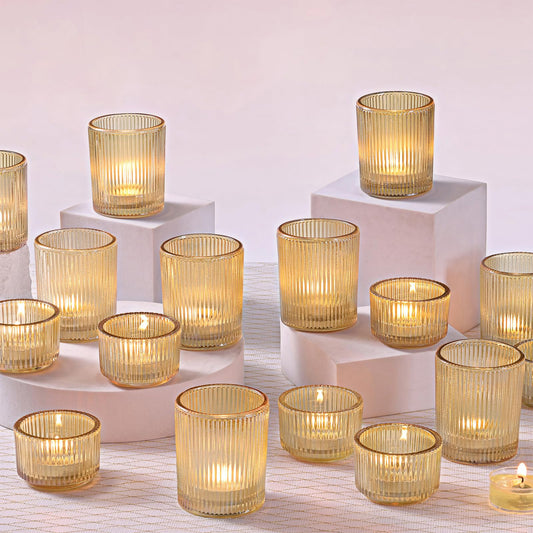NITIME 20pcs Ribbed Gold Votive Candle Holders, Assorted Tea Light Candle Holder Glass for Wedding Table Decor, Gold Candle Holders for Table Centerpieces, Diwali, Brithday, Party and Holiday Decor