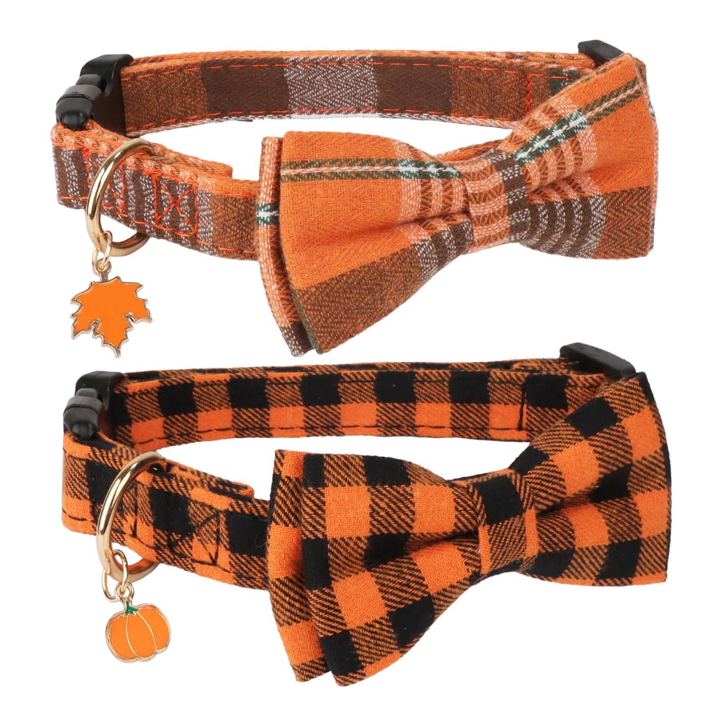 ADOGGYGO 2 Pack Fall Dog Collars with Bow, Halloween Thanksgiving Pumpkin Maple Charm, Orange Plaid Fall Collars for Small Dogs (Small)