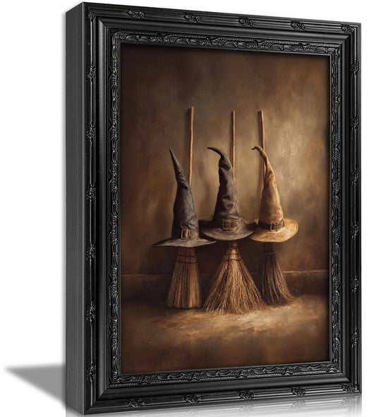 KKP Vintage Witch Hats & Brooms Framed Wall Art, Gothic Witchy Canvas Print, Dark Academia Halloween Wall Decor, Retro Witchcraft Painting, Spooky Season Decor for Bedroom Living Room 9x11 Inch
