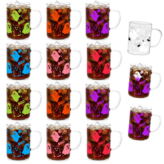 CHENGU 12 Pcs Halloween Glass Coffee Mugs Gifts 16 oz Color Changing Ghosts Mugs Cute Ghosts Glass Cups Bulk with Handle Colorful Halloween Party Gifts for Women Men Home Bar Party Decorations