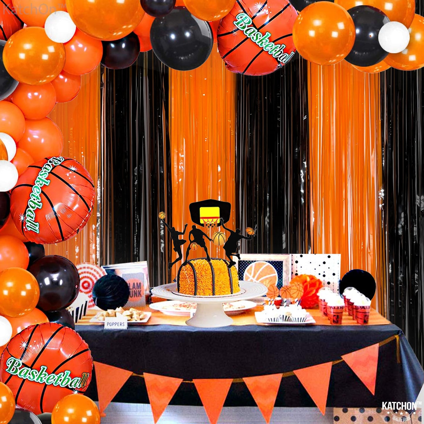 KatchOn, Black and Orange Foil Fringe Curtain - XtraLarge 3.2x8 Feet, Pack of 2 | Orange and Black Streamers, Halloween Decorations | Fringe Backdrop Curtain for Birthday, Summerween Party Decorations