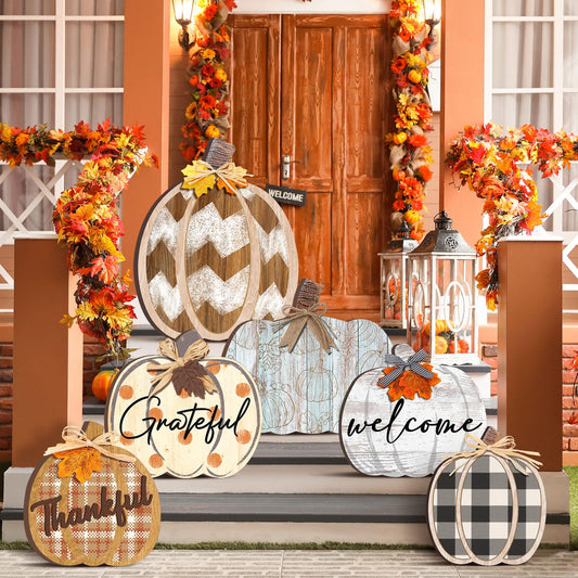 Set of 6 Farmhouse Outdoor Thanksgiving Fall Decoration for Home Pumpkin Thanksgiving Fall Porch Signs Decoration Standing Thankful Grateful Blessed Welcome Sign for Front Porch Garden Party(Rustic)