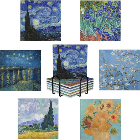 GERLNF Absorbent Ceramic Coasters for Drinks with Cork Base Art Coasters Set of 6 - Use 6 Famous Paintings, Unique Housewarming Gifts for Home Decorative (Square - Van Gogh - 1)