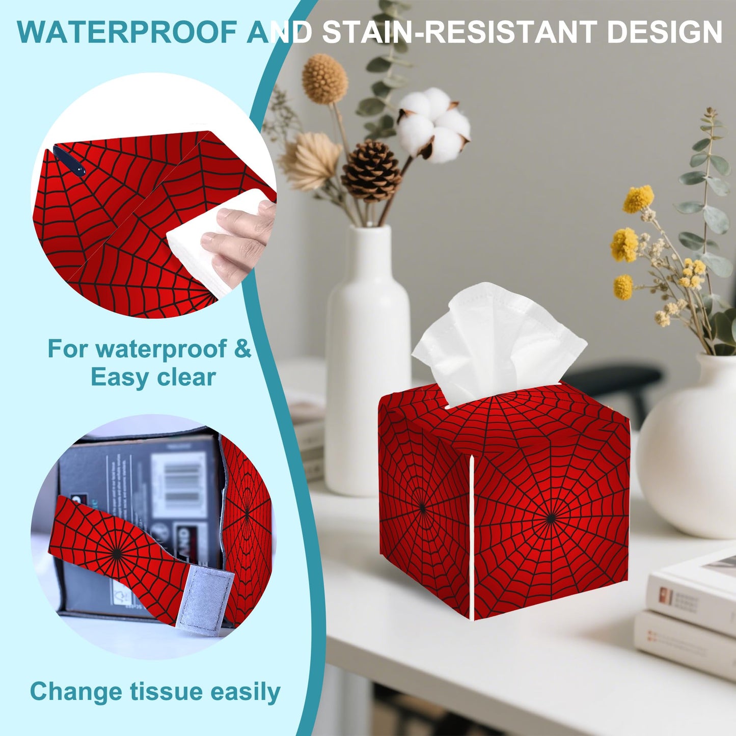 Spider Web Tissue Box Holder,Square Leather Tissue Box Cover with Bottom Belt,Waterproof Modern Napkin Holder Organizer for Car Bathroom Nightstand Vanity Office Tabletop,5.2" x 5.2" x 5.2"