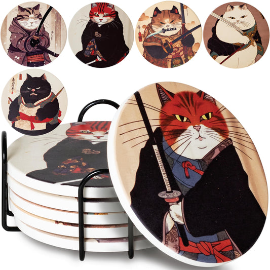 Ninja Cat Coasters - Anime Cat Decor - Set of 6 Drink Coasters with Holder, Funny Coasters, Anime Gifts for Men