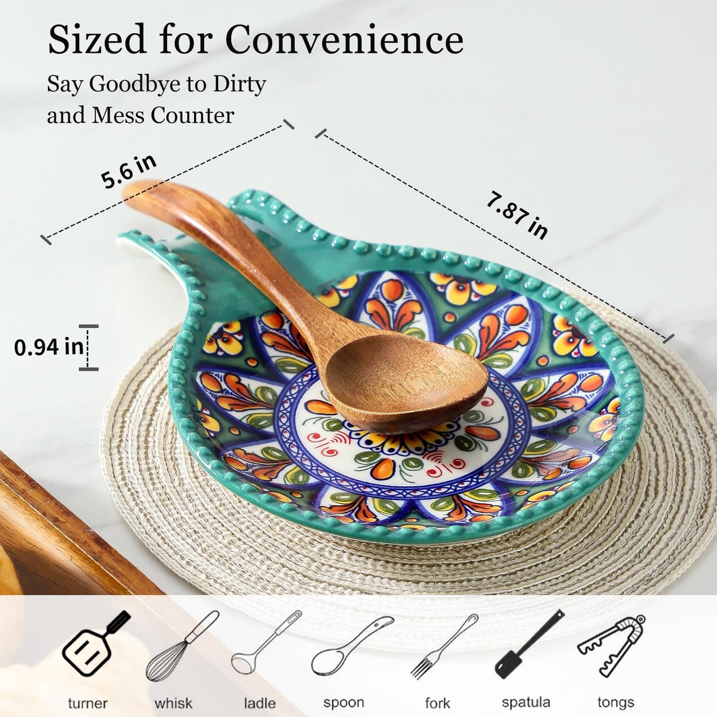 Spoon Holder for Kitchen Counter Ceramic Spoon Rest for Stove Top Large 7.7 Inch Heat-Resistant Cooking Spoon Holder for Coffee Spoon Rest,Spatula or Tongs,Bohemian Green Dishwasher Safe