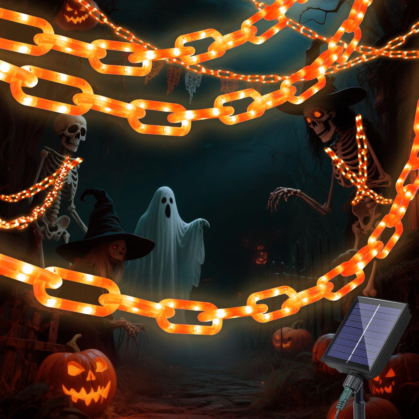 Solar Halloween Decoration String Lights,10.5 FT 175LED Orange Plastic Chain Light with Memory Timer,Waterproof Solar Halloween Light for Yard,Haunted House,Skeleton Dog, Porch,Costume,Spooky,Party