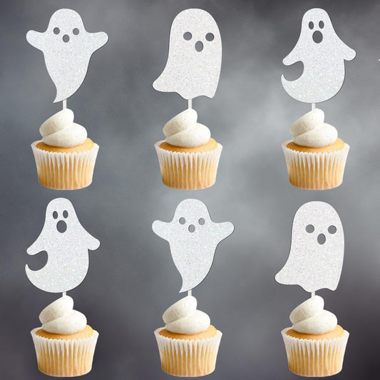 Halloween White Glitter Ghost Cupcake Toppers 24PCS Ghosts Baby Shower Cake Decorations Cute Ghost Cake Toppers for Happy Halloween Birthday Party Baby Shower Supplies