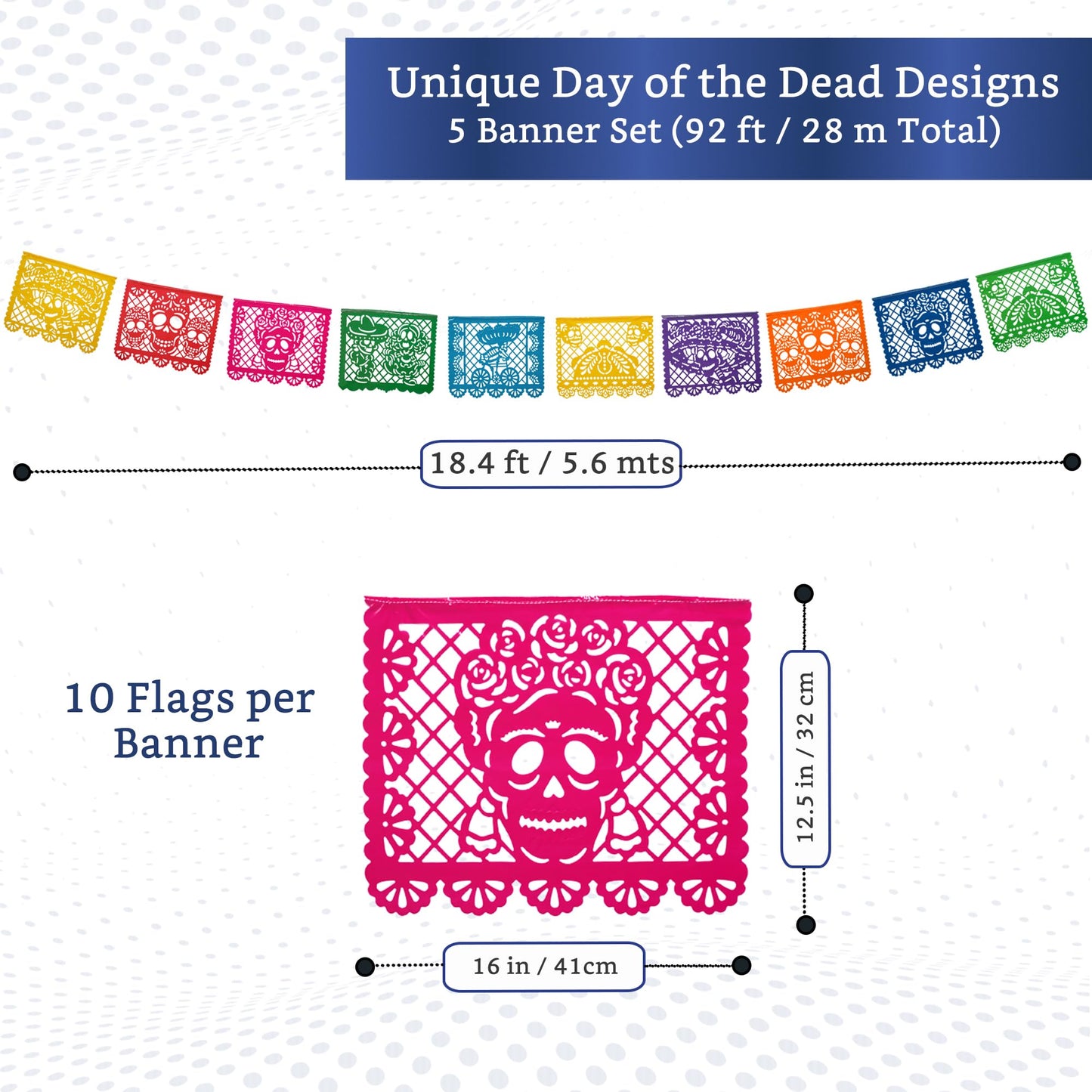 Mexican Party Banners (5 Pack - 10 Plastic Flag Designs per Banner) - Papel Picado Dia de Los Muertos Decorations for Altar - Day of the Dead Banners - Day of Dead Decor