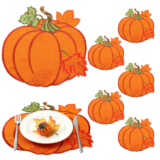 Yingzhao 6 Pcs Thanksgiving Fall Pumpkin Placemats Autumn Harvest Orange Table Place mats Embroidered 14'' Round Decorative Placemats for Holiday Party Kitchen Dinning Table Decorations
