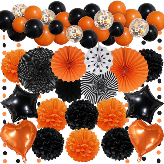 Black Orange Party Decorations, Paper Pompom Balloon Garland Party Supplies for Halloween Decorations Indoor Birthday Party Halloween Garland Haunted House Décor Spider Bat Ghost Backdrop for Home