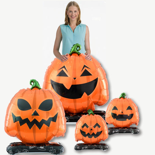 Eanjia Halloween Pumpkin Balloon Set of 4 – Giant Standing Jack-O’-Lantern Mylar Foil Balloons (3.3ft to 1.6ft) for Indoor Party Decorations, Summerween Decor, Trick or Treat Props