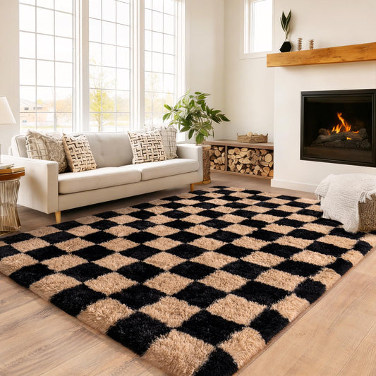 Checkered Rug 4x6 for Bedroom, Ultra Fluffy Shag Area Rugs for Living Room, Upgrade Anti-Skid High Pile Soft Rug Fuzzy Carpet for Living Room Bedroom Kids Room Nursery, Dorm Home Decor, Black & Beige