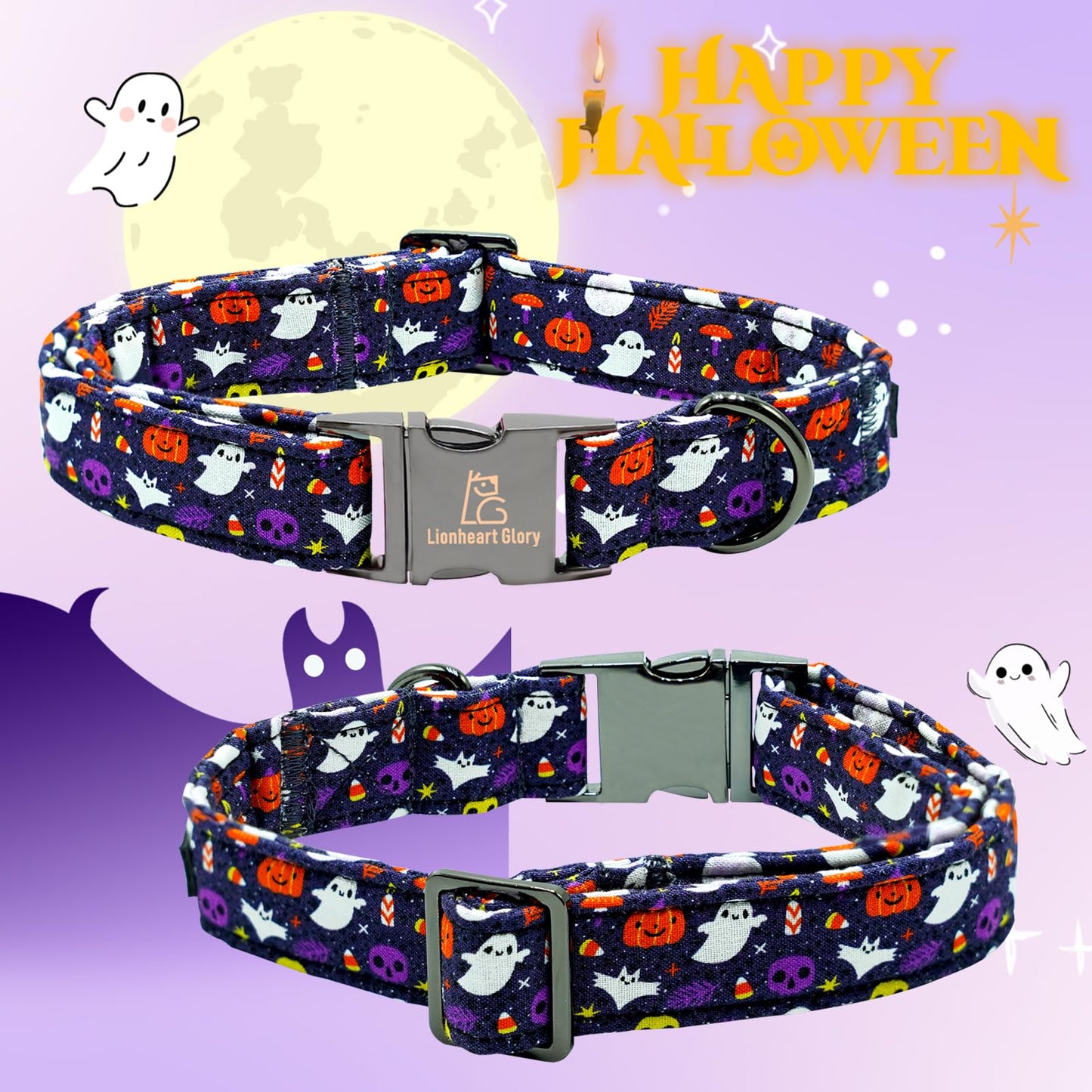 Lionheart Glory Fall Halloween Pumpkin Dog Collar - Heavy Comfortable Adjustable for Medium Dogs, Girls, Boys - Cute Pet Gift