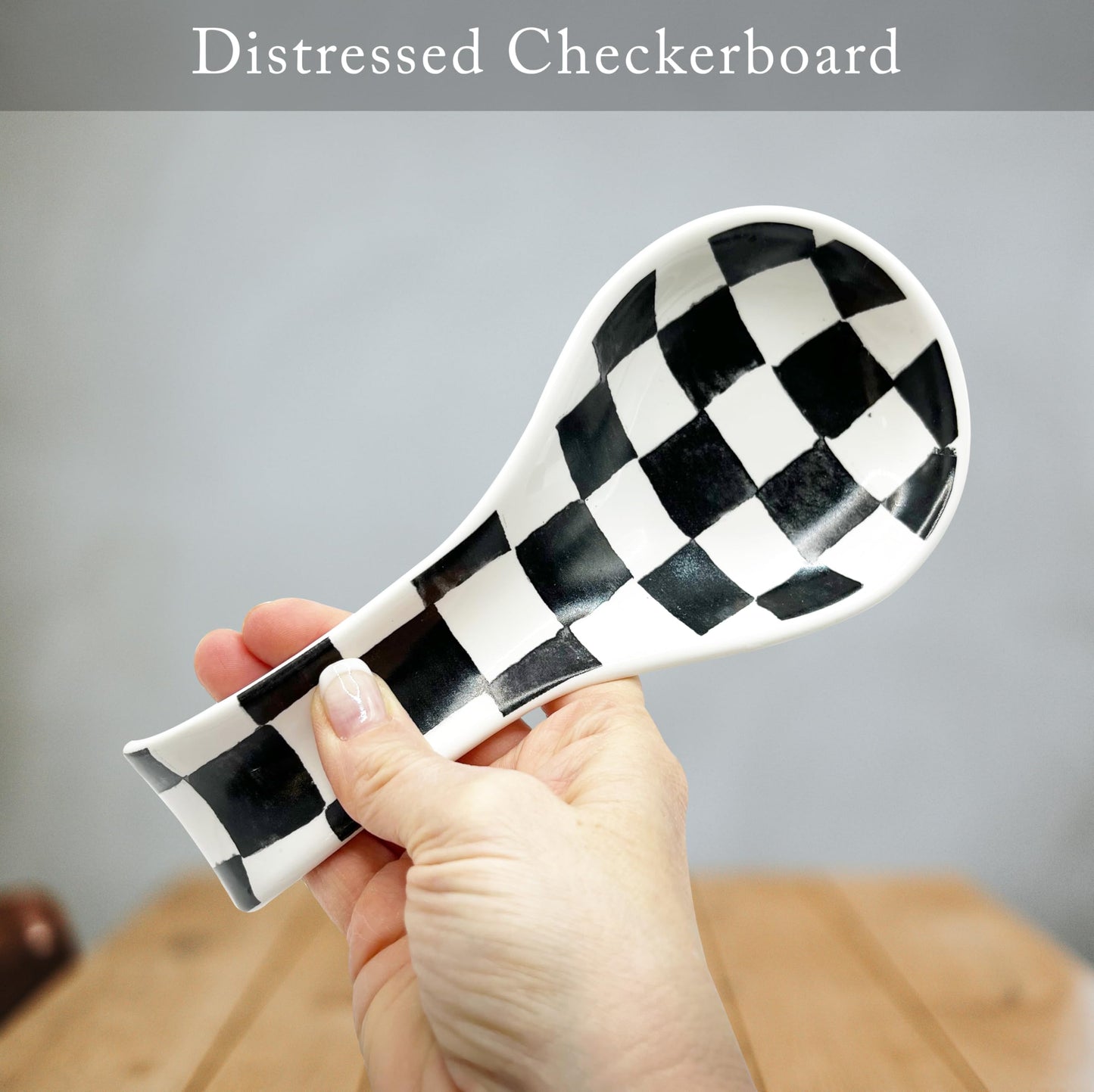 Checkered Spoon Rest for Kitchen Counter - Cooking Spoon Holder for Stove Top - Large Utensil Spatula Spoon Rest - Cute Kitchen Gadgets Gift for Housewarmings - Distressed Checkerboard Black and White