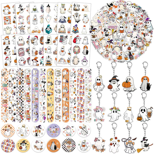 YYMYMGJ 108 PCS Halloween Ghost Party Favors, Cute Ghost Temporary Tattoos Slap Bracelets Stickers Keychains Badges for Halloween Ghost Birthday Party Decorations Supplies
