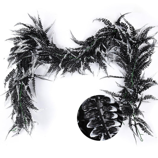 RECUTMS 2pcs Black Garland Artificial Boston Palnts 6 FT Fern Garland Faux Hanging Greenery Halloween Wreath for Outdoor Indoor Halloween Decor (Black White)