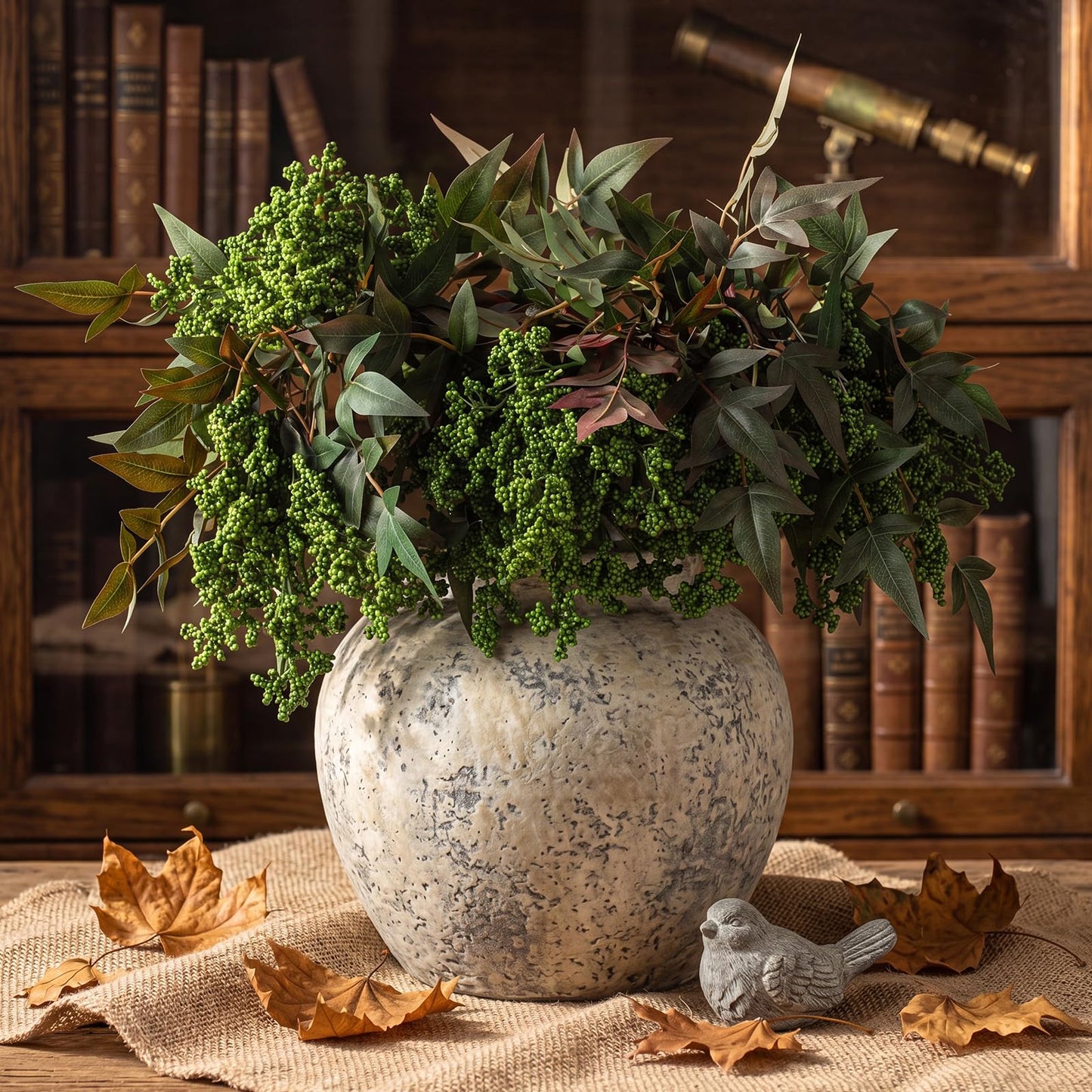 Zeyune 3 Pcs Artificial Dark Green Berry Stem Fall Faux Flowers Picks Branches Fake Realistic Sedum Stem Spray for Wedding Holiday Seasonal Farmhouse Mantel Harvest DIY Home Decorations(35 Inch)