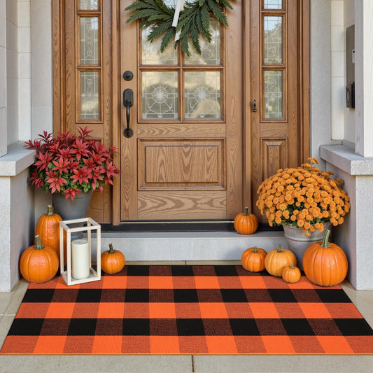 Collive Buffalo Plaid Checkered Outdoor Rug, Black and Orange Halloween Fall Decor Door Mat, 2x4.3 Front Porch Rug, Washable Cotton Welcome Mat Layered Doormat Outside Entrance for Kitchen Entryway