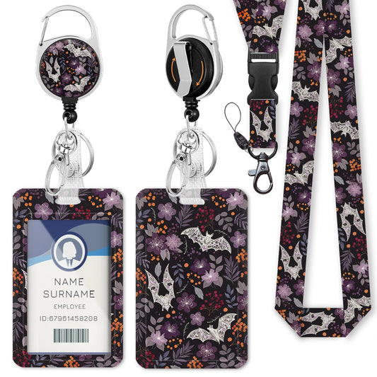 Gctriki Goth Lanyards for ID Badges, Bat Flower id Holder with Lanyard, Retractable Badge Reel Clip Keychain Name Tag Protector for Women Teacher Nurse Doctor Student Worker Office Supplies