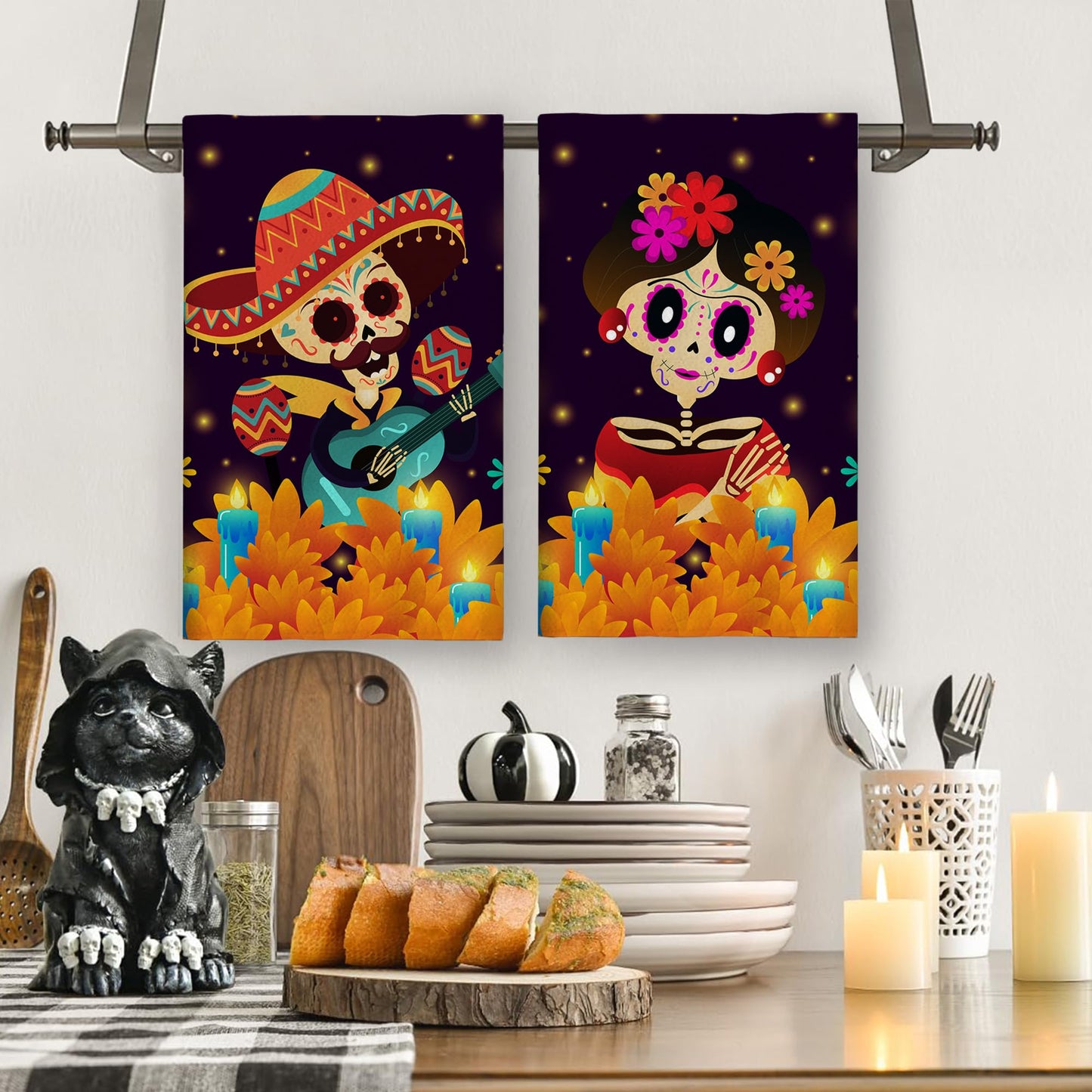 Yarcooly Day of The Dead Dish Towels for Kitchen Dia De Los Muertos Kitchen Towels Mexican Sugar Skull Marigolds Floral Decor Day of The Dead Decorations for Home Party